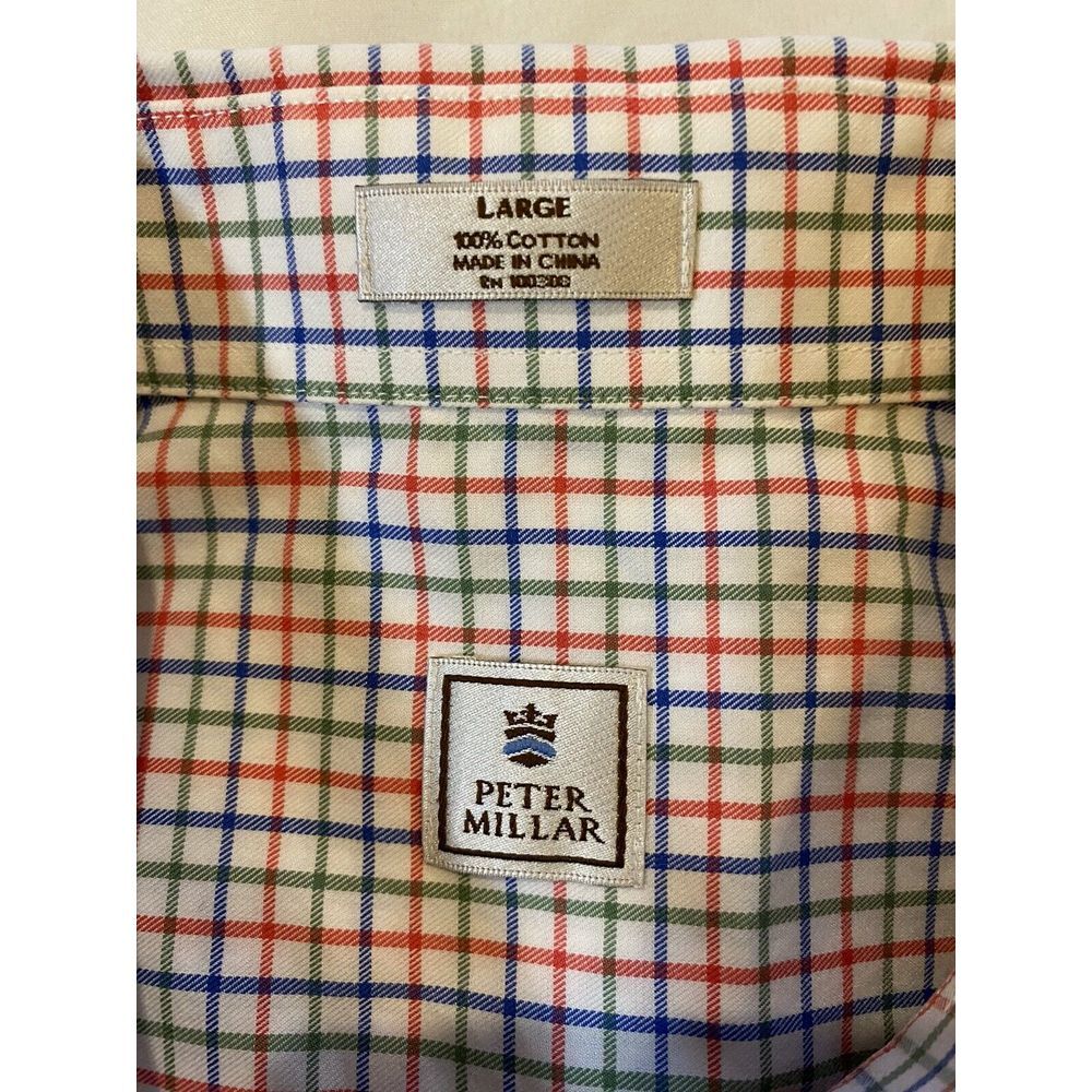 Peter Millar® Men's Large Button‎ Up Short Sleeve Shirt Plaid Blue Green Red EUC